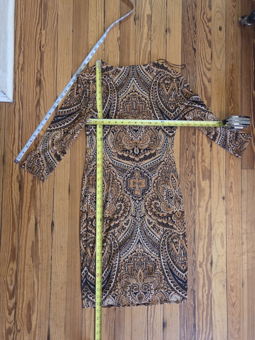 London Times Tan & Black Paisley Print Long Sleeve Midi Knee Length Sheath Dress - Picture 3 of 6